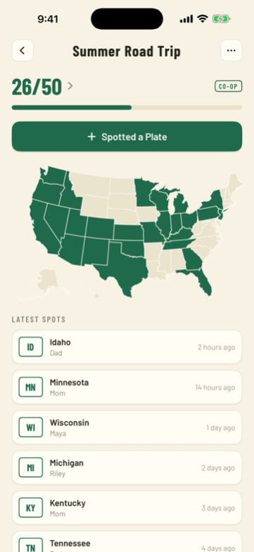 A co-op game board: a US map with 26 of 50 states filled in green, and a feed of the family's latest spots.