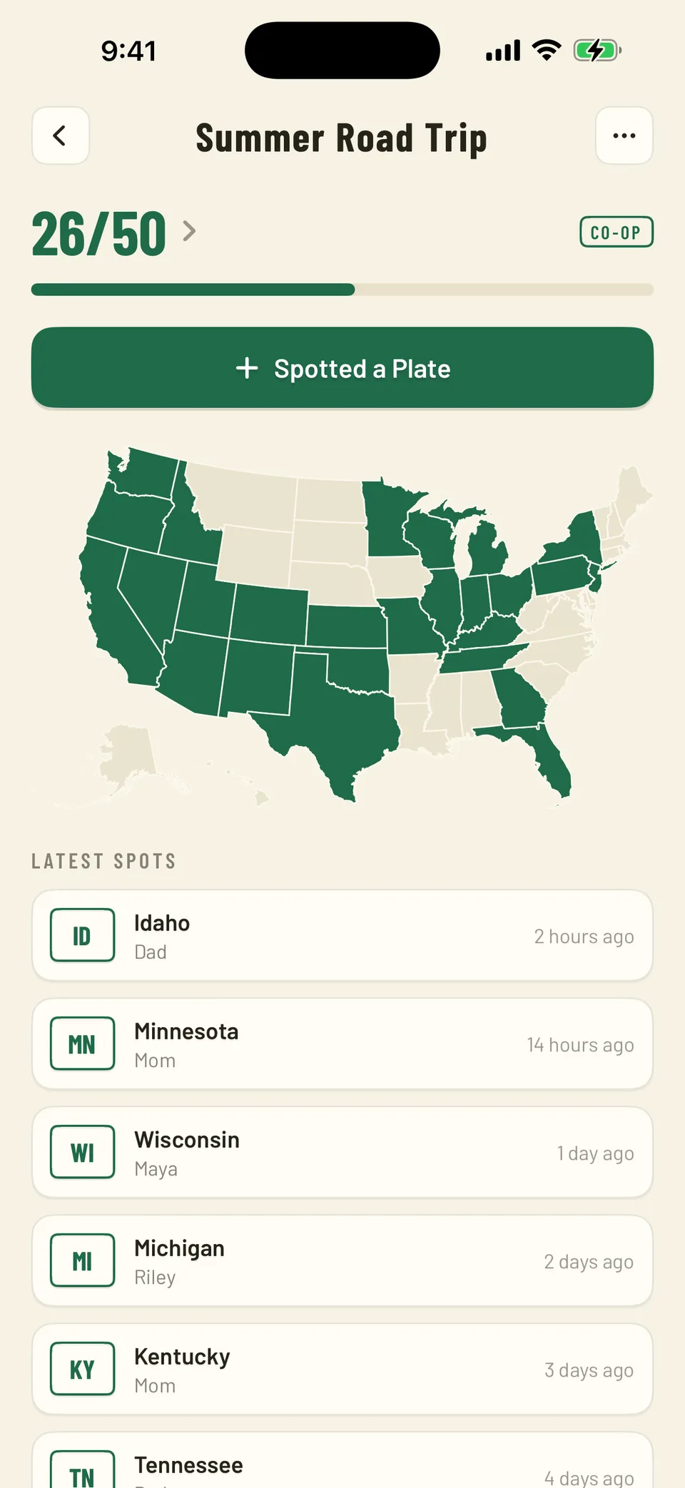 A co-op game board: a US map with 26 of 50 states filled in green, and a feed of the family's latest spots.