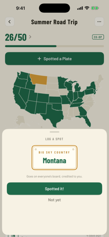 The log-a-spot sheet: a Montana license plate reading Big Sky Country, above a Spotted it! button.