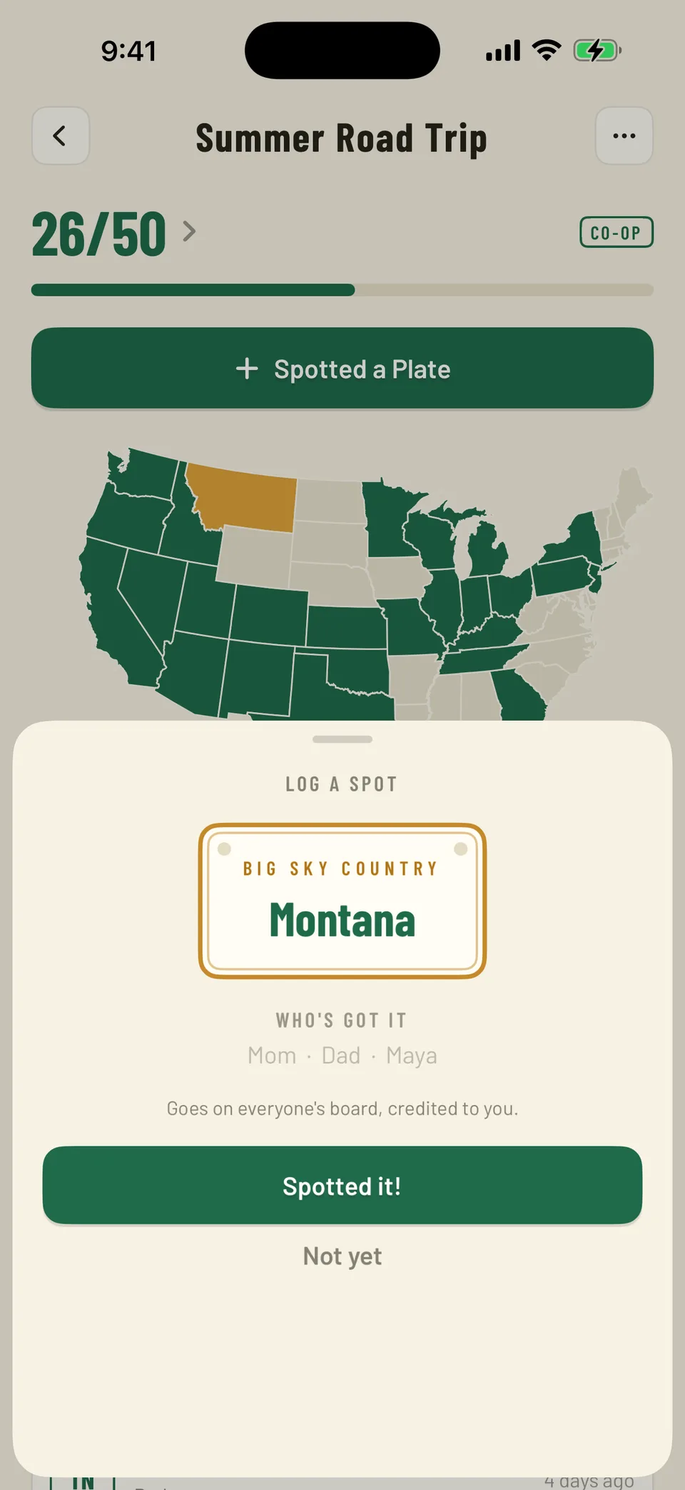 The log-a-spot sheet: a Montana license plate reading Big Sky Country, above a Spotted it! button.
