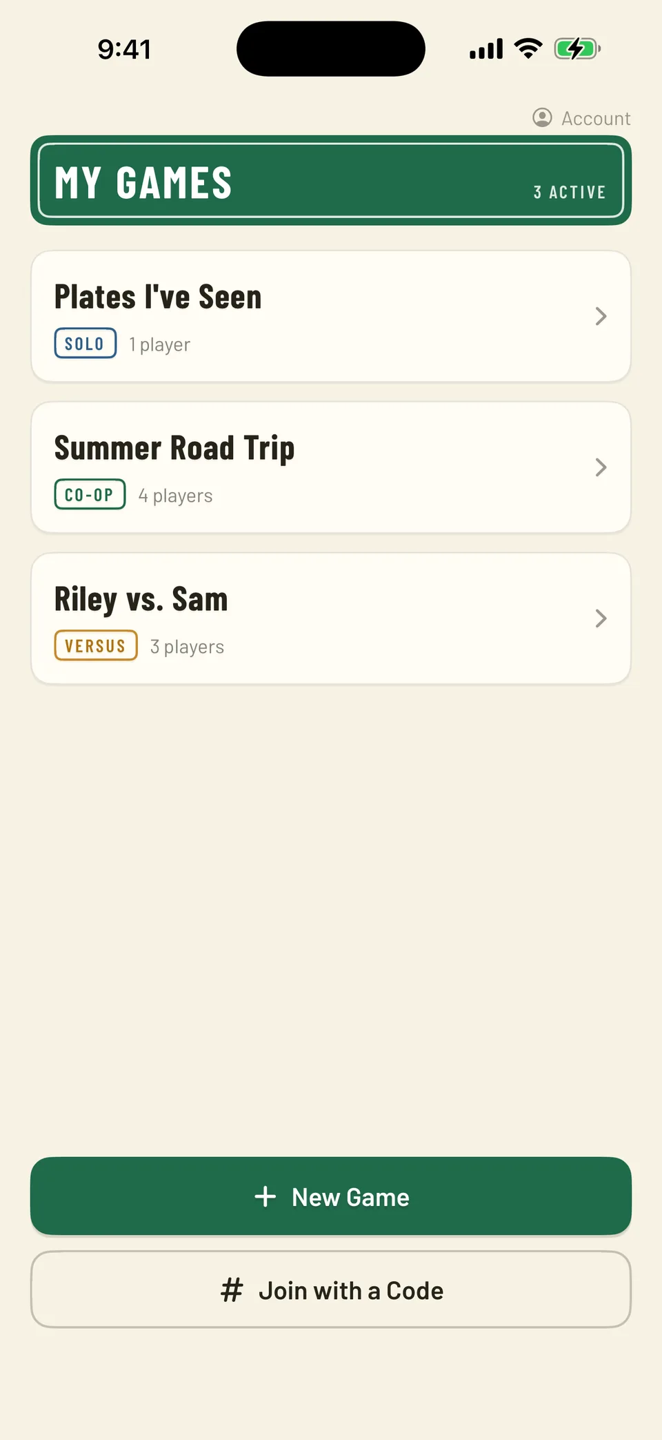 The My Games screen listing a solo game, a co-op road trip, and a versus match.