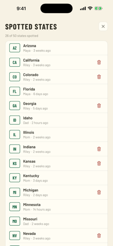 The spotted-states list: Arizona by Maya, California by Riley, each with a timestamp.