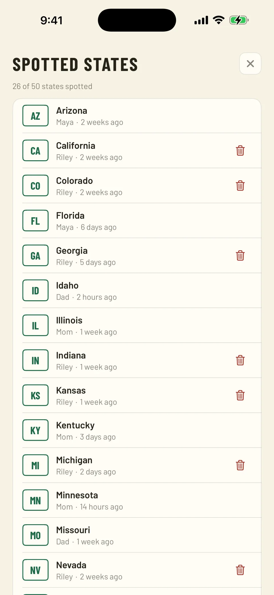 The spotted-states list: Arizona by Maya, California by Riley, each with a timestamp.