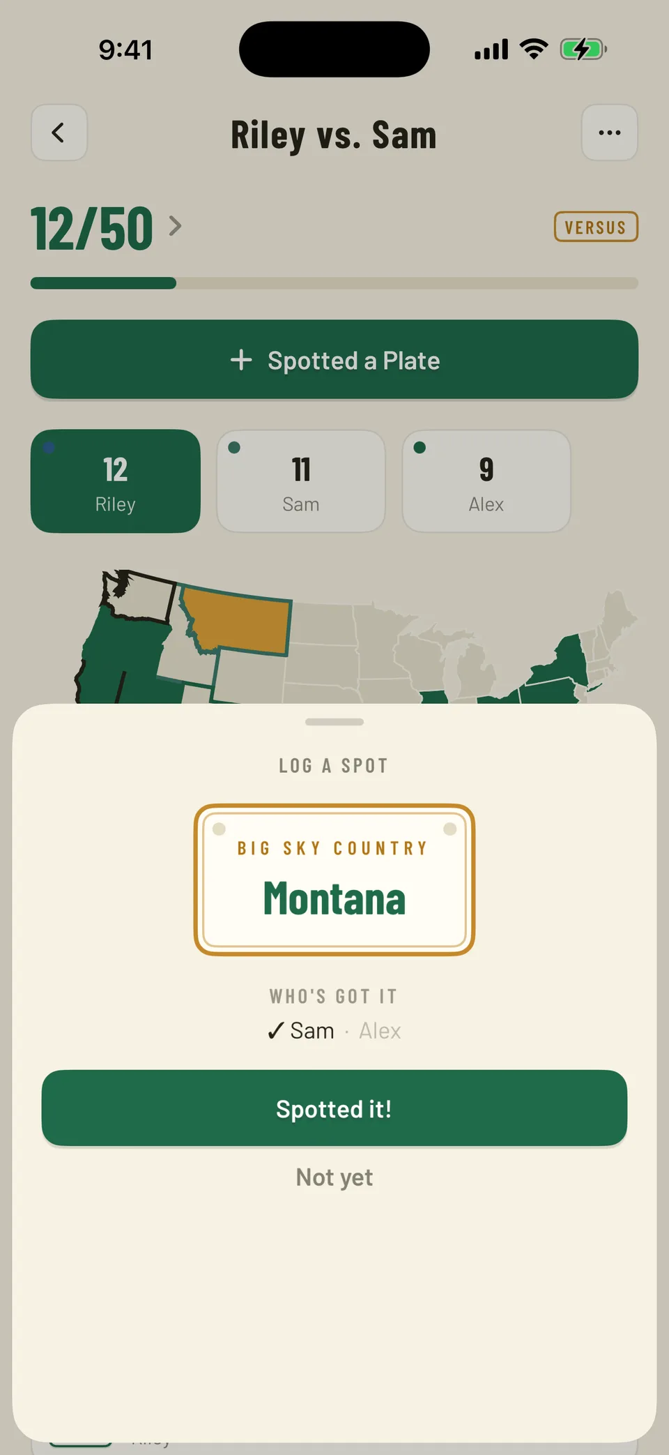 A versus game: Riley leads Sam 12 to 11, with the who's-got-it roster showing Sam has Montana and Alex doesn't.